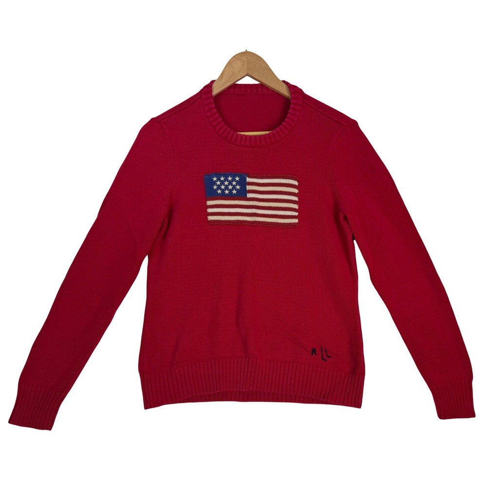 Lauren Ralph Lauren American USA Flag Sweater Red Knit LRL Womens Sz S *READ*